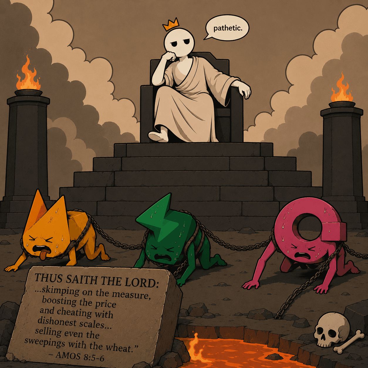 A satirical meme showing three storage competitors chained before a figure representing greed.